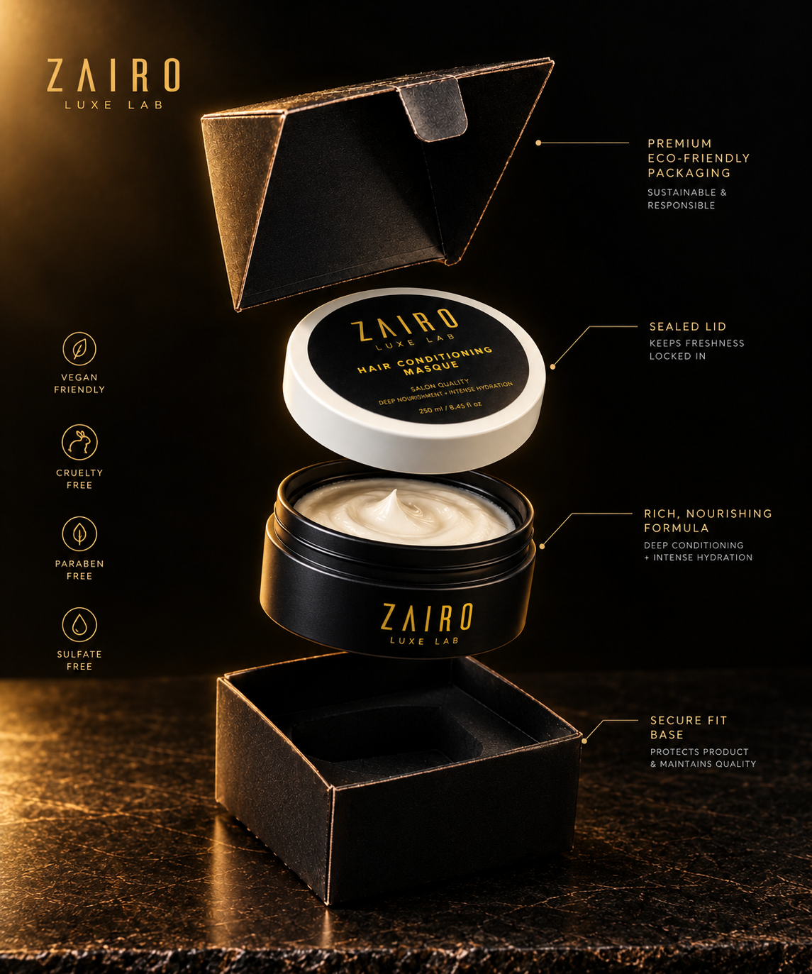 Zairo Hair Conditioning Masque shown open — packaging, sealed lid, rich formula and fitted base